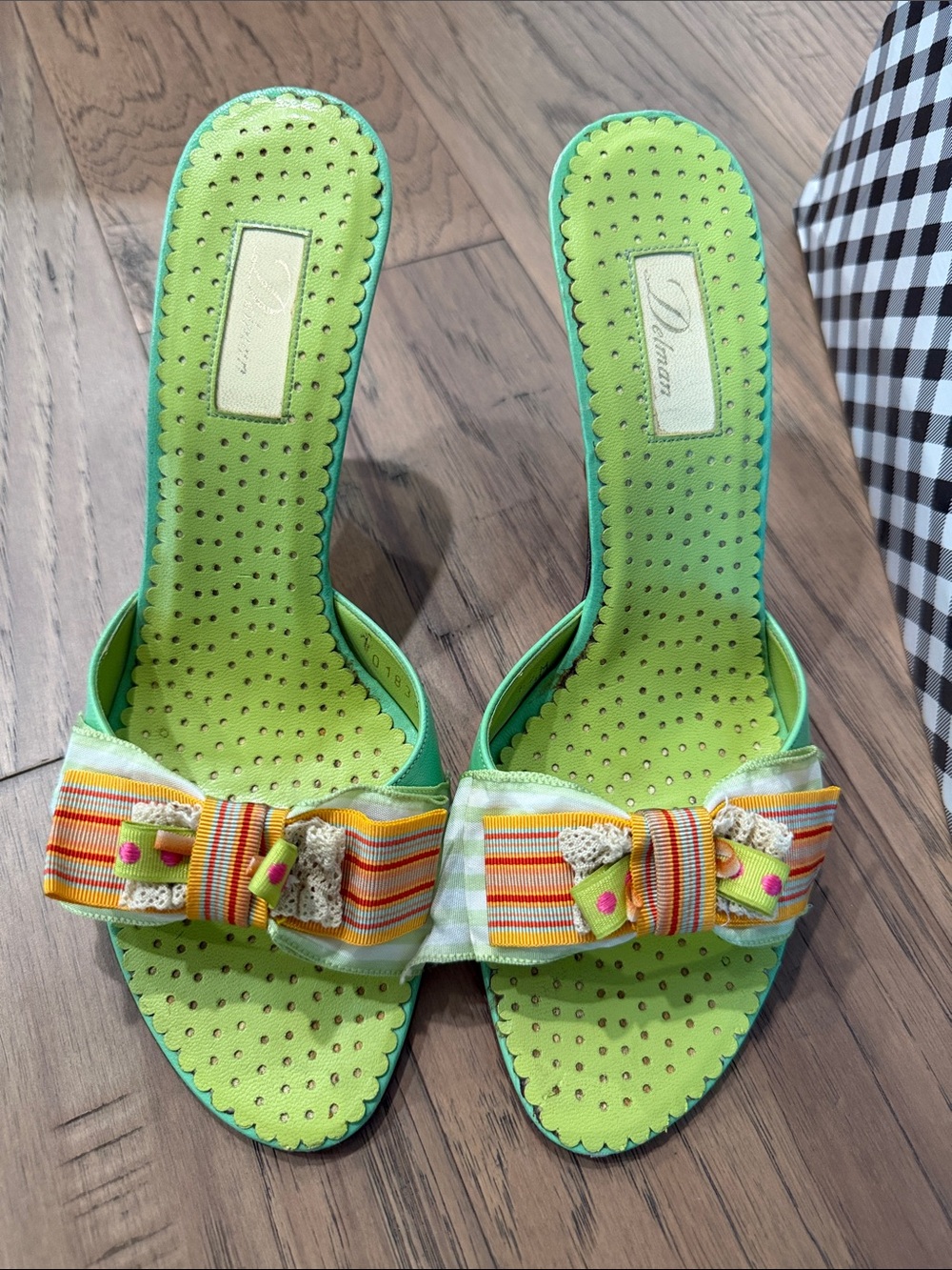 Delman Lime Green Open-Toe Slide Sandals with Striped Bow